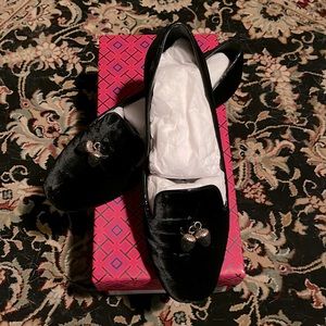 Tory Burch Black Velvet Acorn Charm Smoking Slippers size 7.5